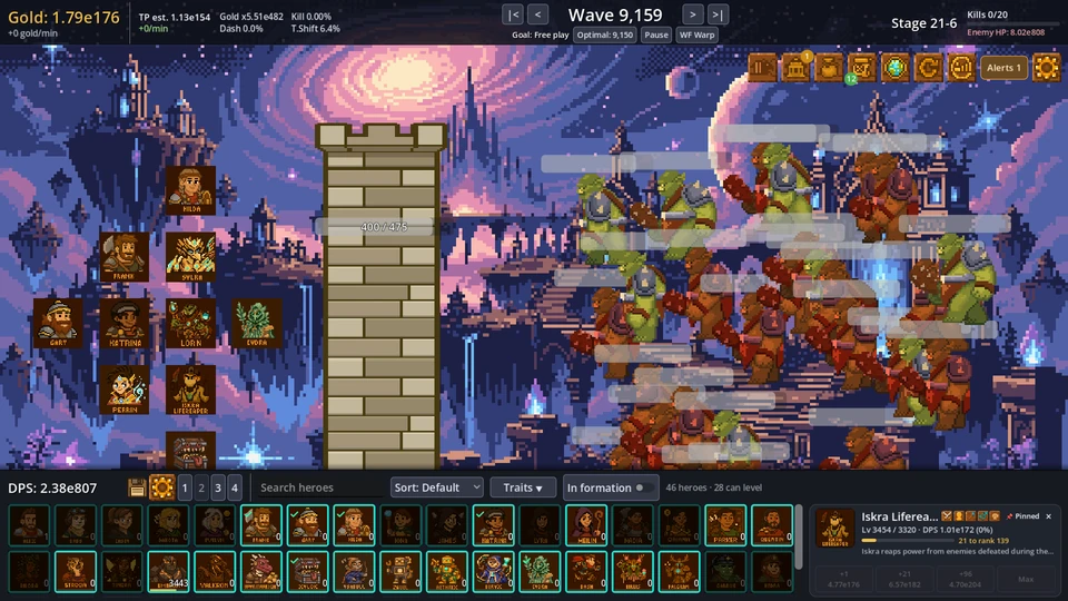 Late-game formation with the hero roster and selected hero details