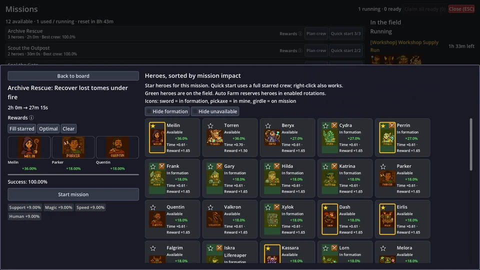 Mission board with the crew planner and hero selection